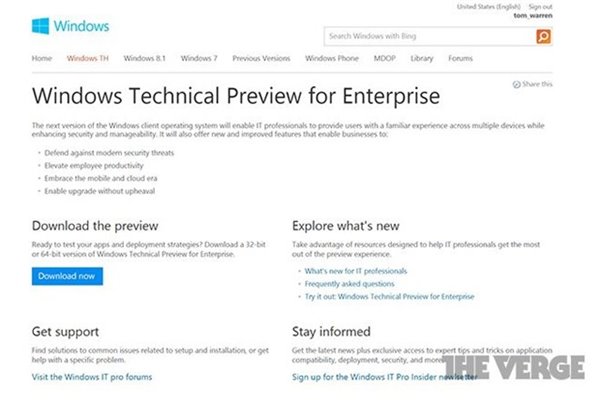 Win9技術預覽版網站意外出現，暫用名Windows TH